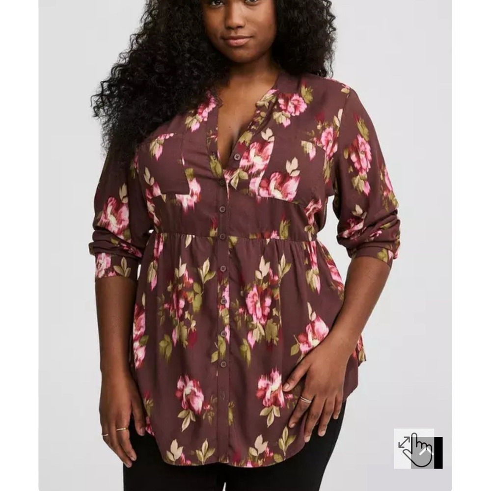 NWT Torrid Size 1 (14/16) Emma Babydoll Tunic Blair Floral Burgundy Long Sleeve‎